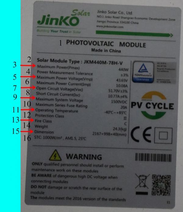 การอ่านสเปคแผงโซล่าเซลล์ Jinko JKM440-78HV